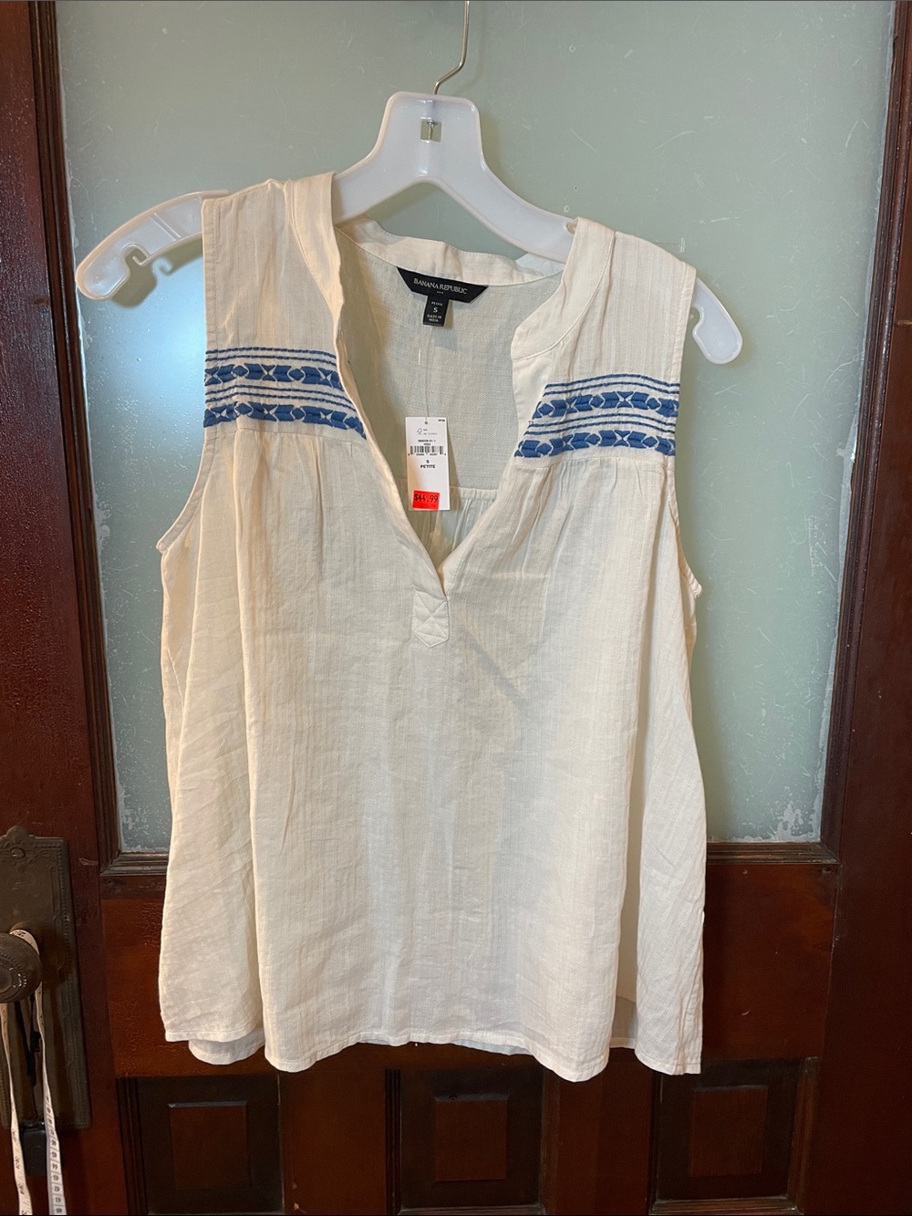 Banana Republic Cream Sleeveless V-Neck Top with Blue Embroidery